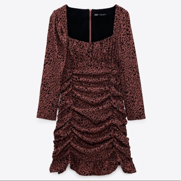 New Zara Leopard Print Ruched Ruffle Mini Dress - Picture 7 of 13